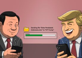 Ilustrasi satir presiden Prabowo Subianto sedang mengirim file berjudul “Data Penduduk Indonesia.xlsx” ke ponsel Donald Trump, menggambarkan isu keamanan data dalam konteks pengawasan media dan sosial.