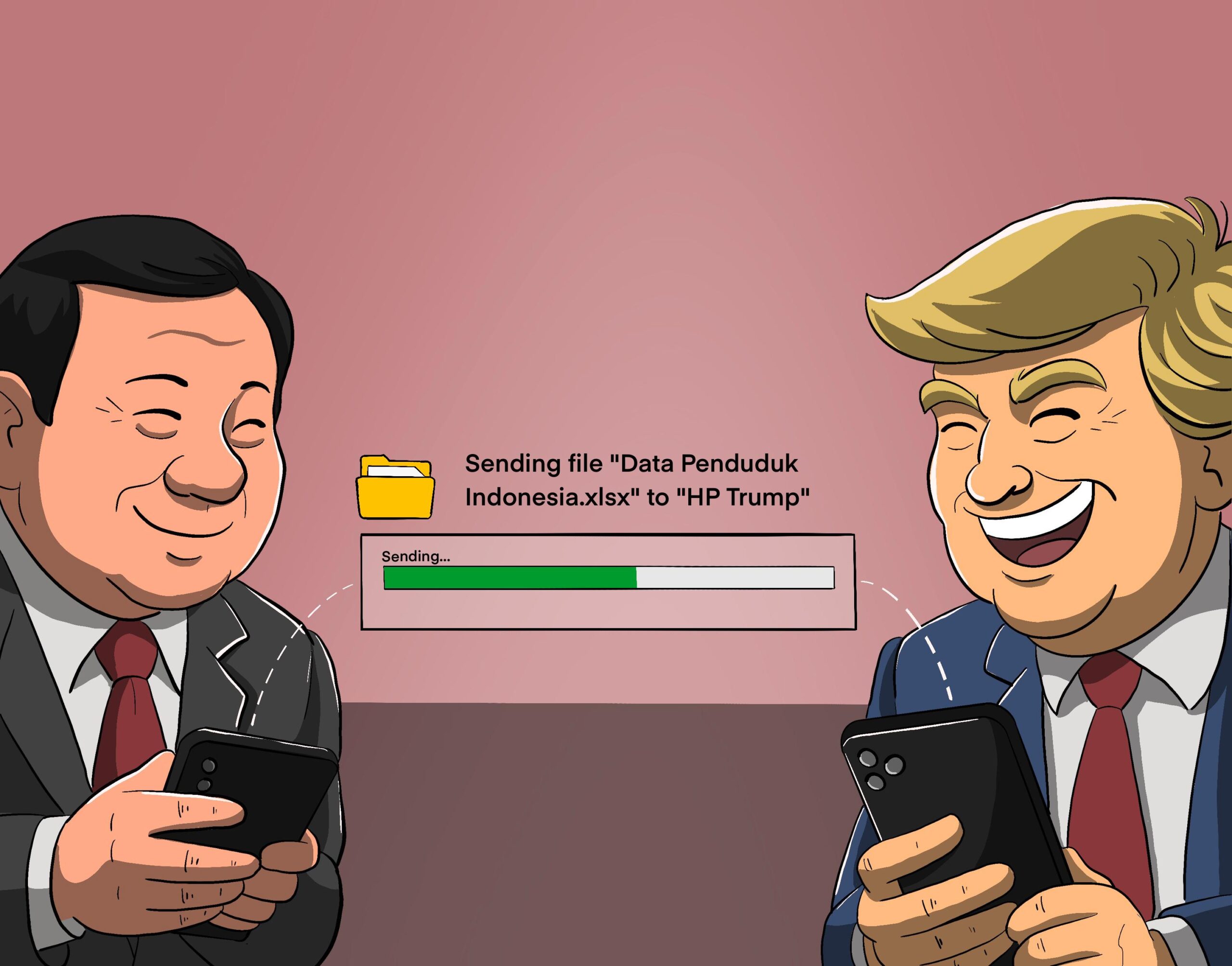 Ilustrasi satir presiden Prabowo Subianto sedang mengirim file berjudul “Data Penduduk Indonesia.xlsx” ke ponsel Donald Trump, menggambarkan isu keamanan data dalam konteks pengawasan media dan sosial.