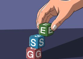 Ilustrasi tangan menyusun balok huruf ESG (Environmental, Social, Governance) secara bertahap, menggambarkan proses membangun fondasi keberlanjutan yang stabil.