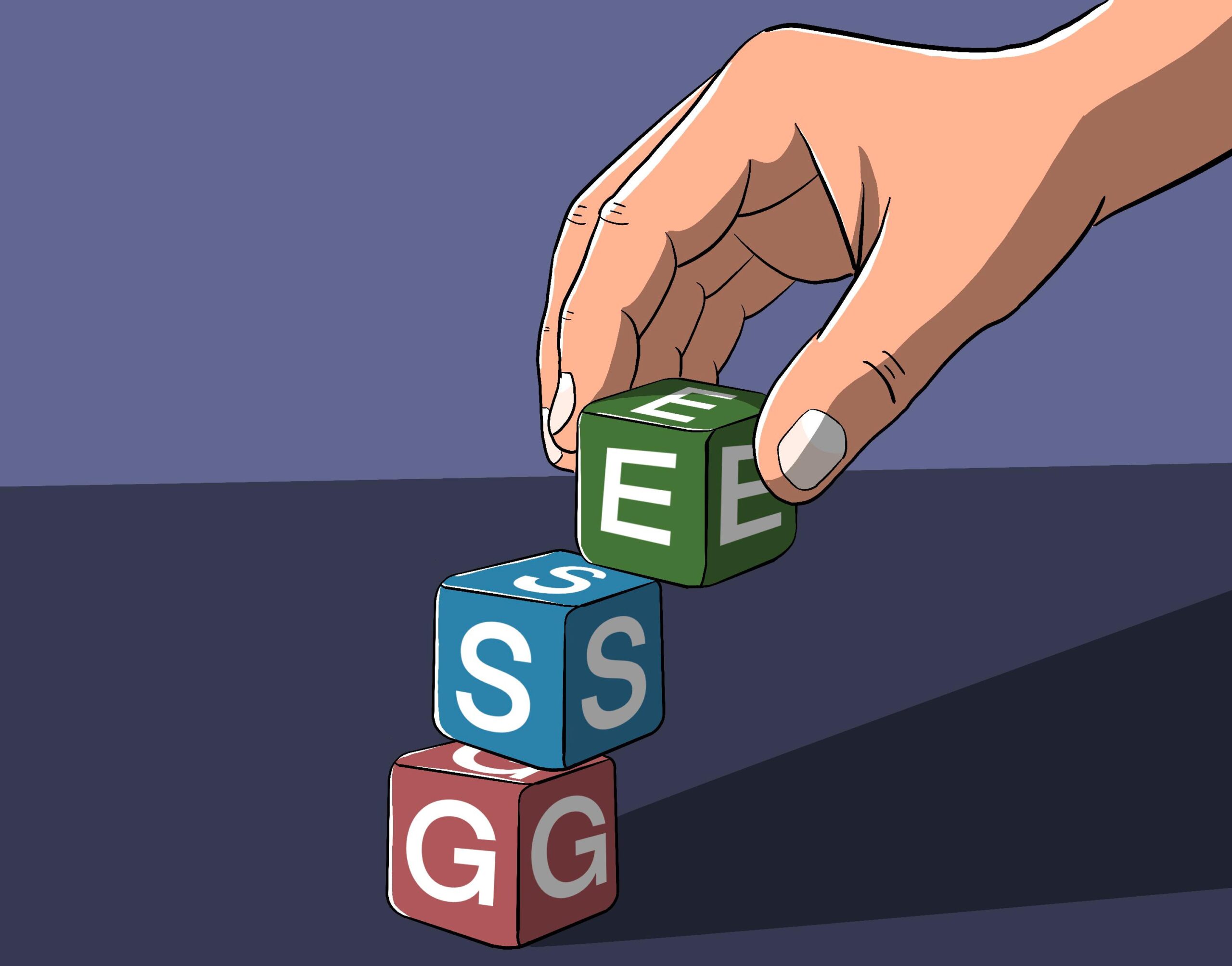Ilustrasi tangan menyusun balok huruf ESG (Environmental, Social, Governance) secara bertahap, menggambarkan proses membangun fondasi keberlanjutan yang stabil.